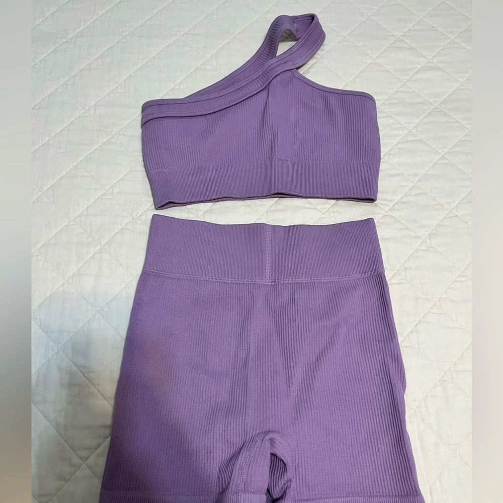 Purple One-Shoulder Ribbed Workout Set - Picture 1 of 4